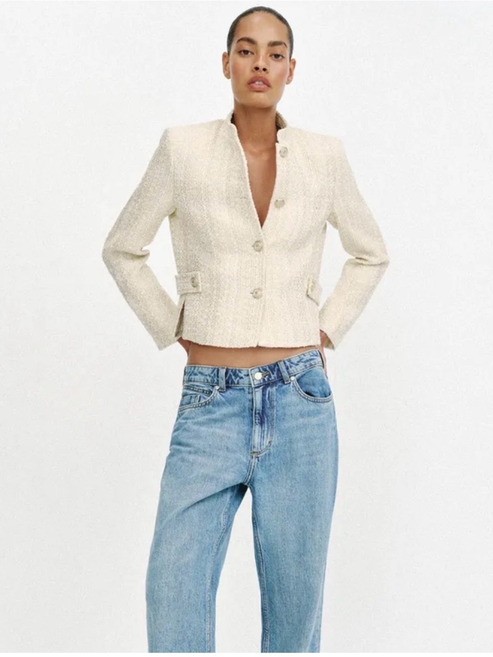 Cropped Zara xs Cream Bouclé Jacket - Women's